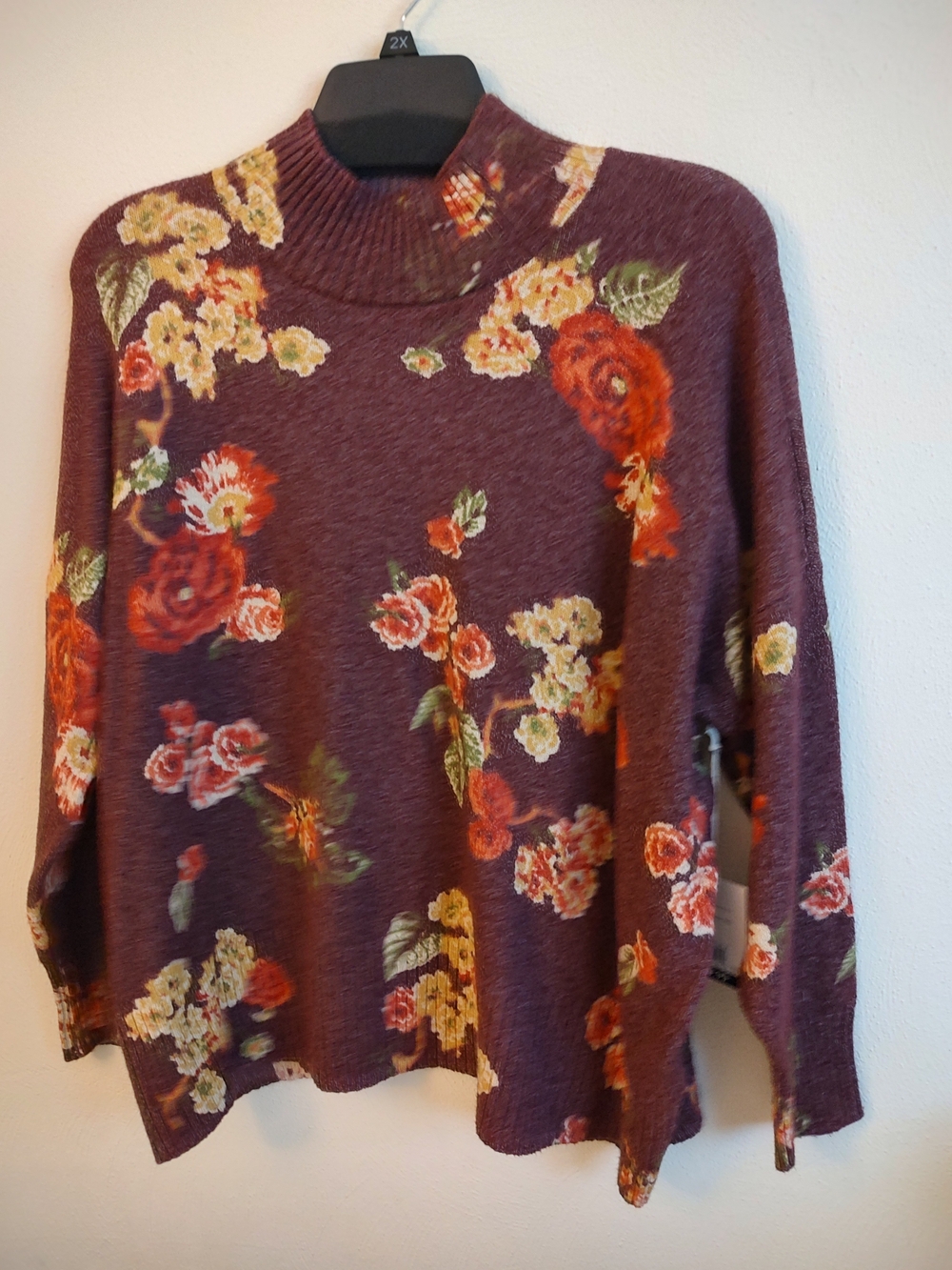LC Lauren Conrad Plum Floral Turtleneck Sweater with Orange & Cream Blooms